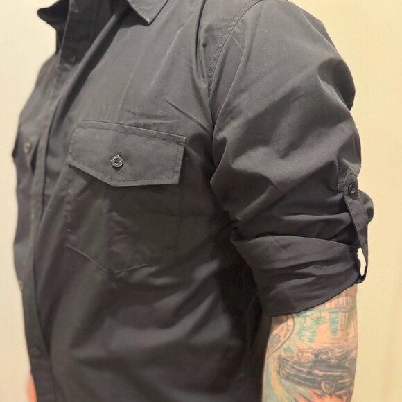 SAFARI SLEEVE!  (has button to stay rolled up) Black Dressy Casual Button Down - Picture 7 of 7